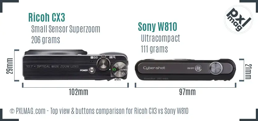 Ricoh CX3 vs Sony W810 top view buttons comparison