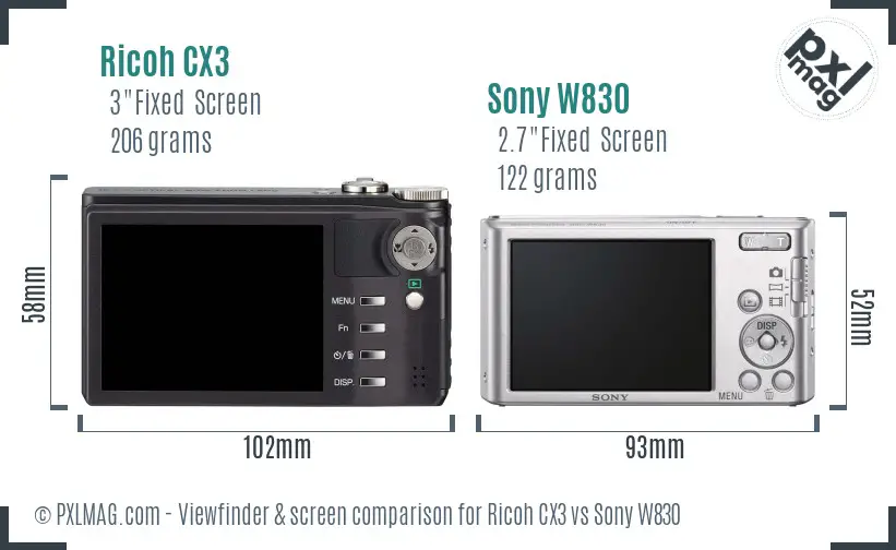 Ricoh CX3 vs Sony W830 Screen and Viewfinder comparison