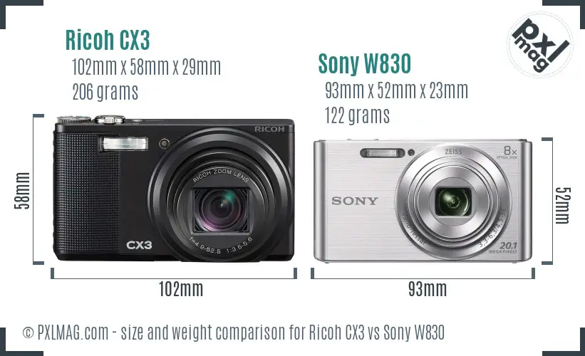 Ricoh CX3 vs Sony W830 size comparison