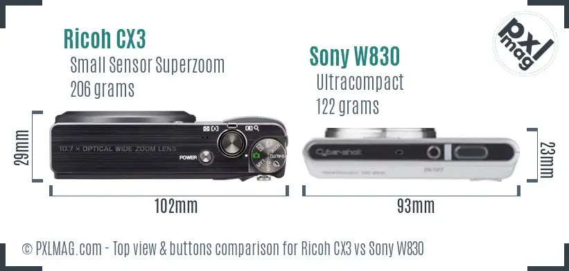 Ricoh CX3 vs Sony W830 top view buttons comparison
