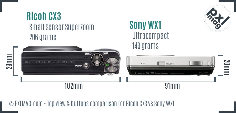 Ricoh CX3 vs Sony WX1 top view buttons comparison