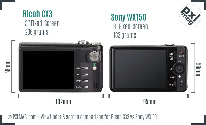 Ricoh CX3 vs Sony WX150 Screen and Viewfinder comparison