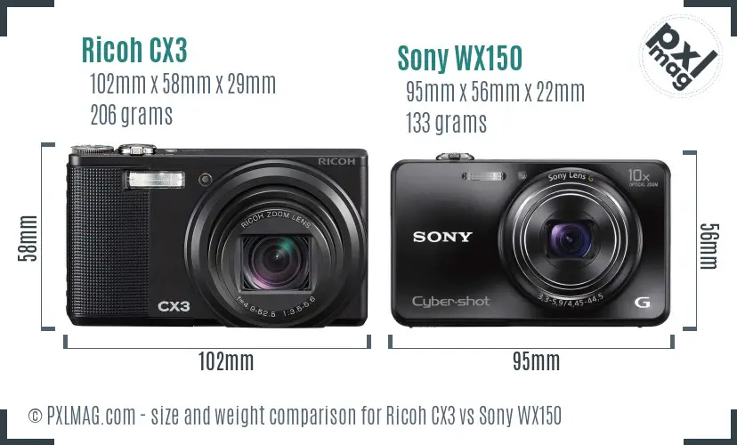 Ricoh CX3 vs Sony WX150 size comparison