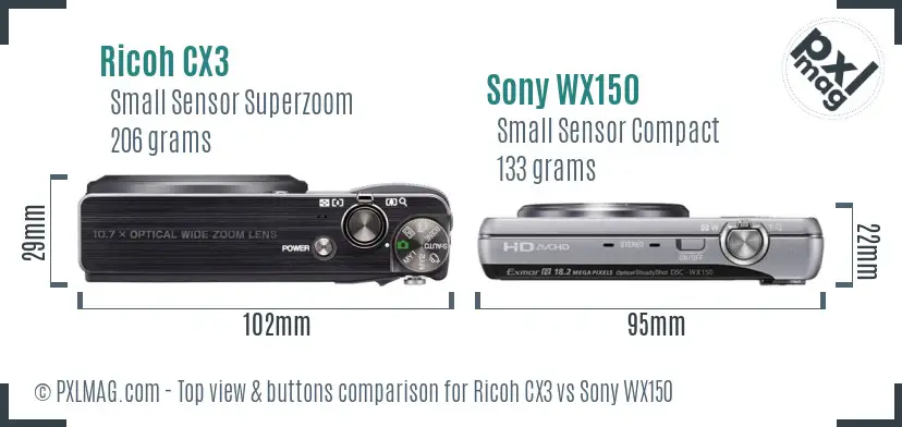 Ricoh CX3 vs Sony WX150 top view buttons comparison