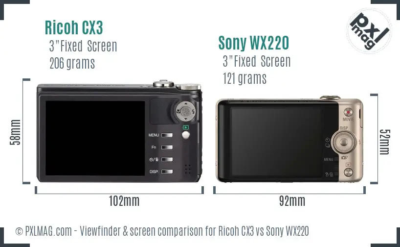 Ricoh CX3 vs Sony WX220 Screen and Viewfinder comparison