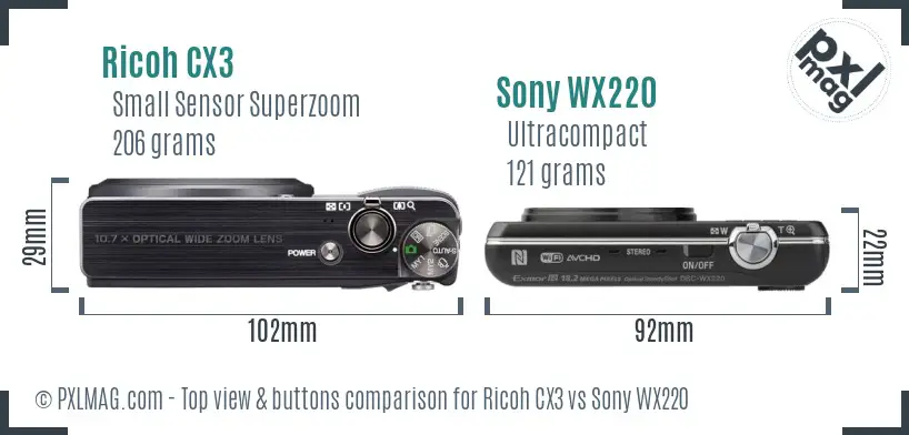 Ricoh CX3 vs Sony WX220 top view buttons comparison