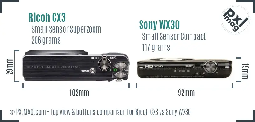 Ricoh CX3 vs Sony WX30 top view buttons comparison