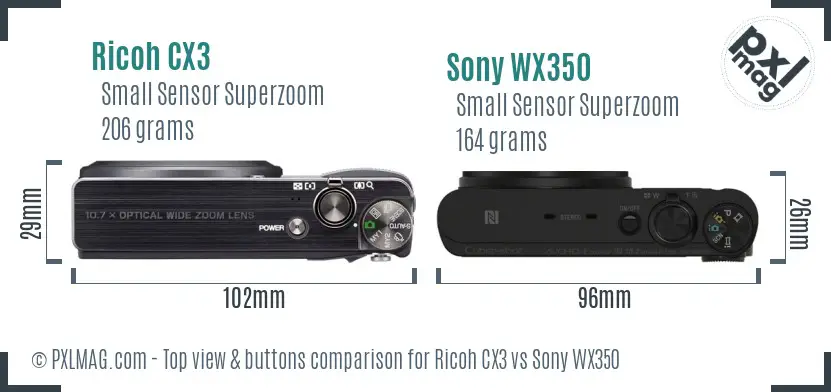 Ricoh CX3 vs Sony WX350 top view buttons comparison