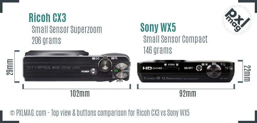 Ricoh CX3 vs Sony WX5 top view buttons comparison
