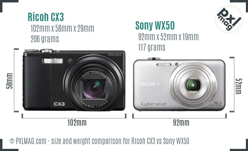 Ricoh CX3 vs Sony WX50 size comparison