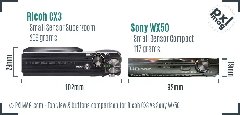 Ricoh CX3 vs Sony WX50 top view buttons comparison