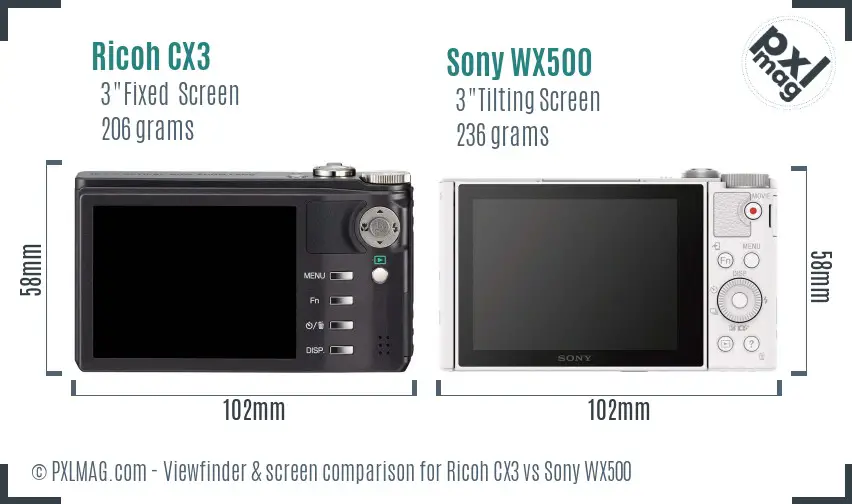 Ricoh CX3 vs Sony WX500 Screen and Viewfinder comparison