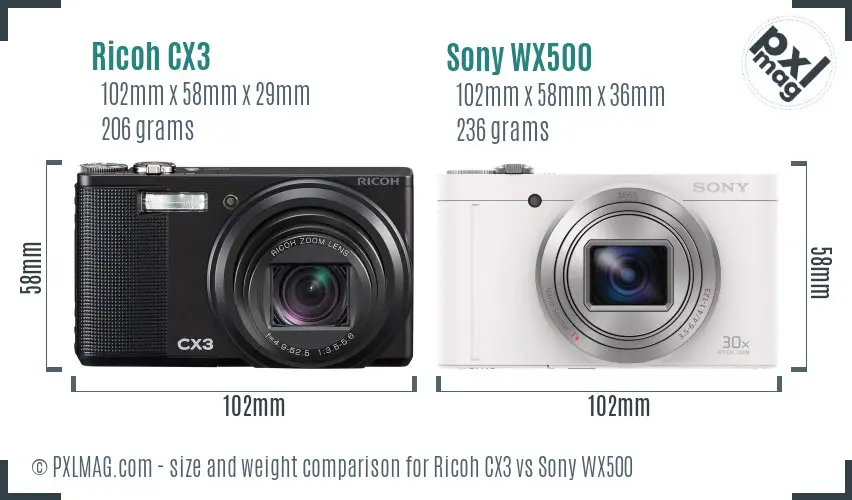 Ricoh CX3 vs Sony WX500 size comparison