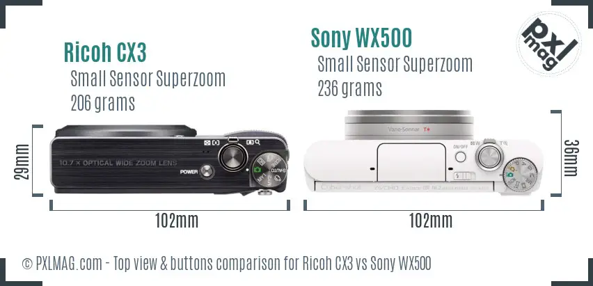 Ricoh CX3 vs Sony WX500 top view buttons comparison