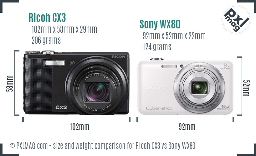 Ricoh CX3 vs Sony WX80 size comparison