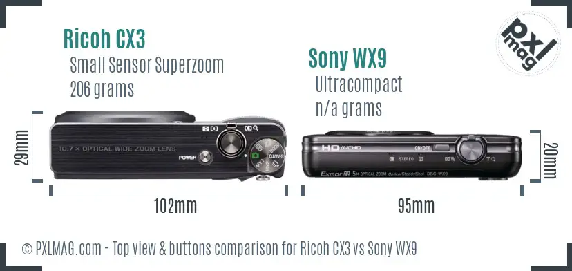 Ricoh CX3 vs Sony WX9 top view buttons comparison