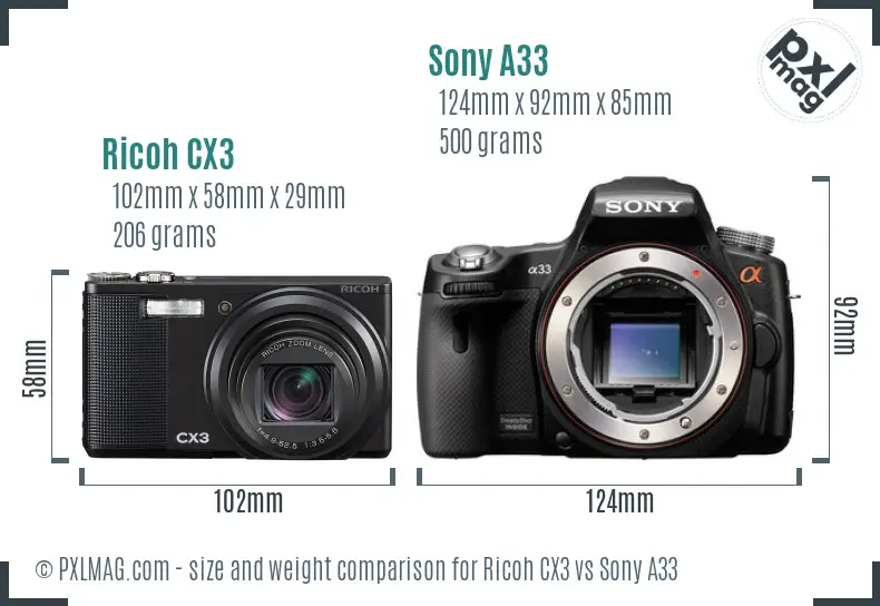 Ricoh CX3 vs Sony A33 size comparison