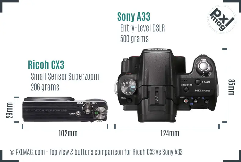Ricoh CX3 vs Sony A33 top view buttons comparison