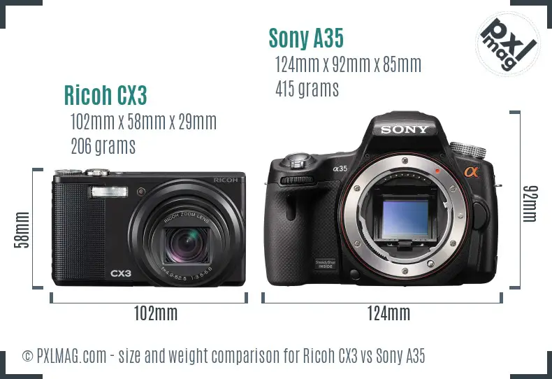 Ricoh CX3 vs Sony A35 size comparison