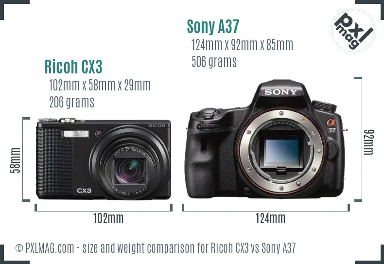 Ricoh CX3 vs Sony A37 size comparison