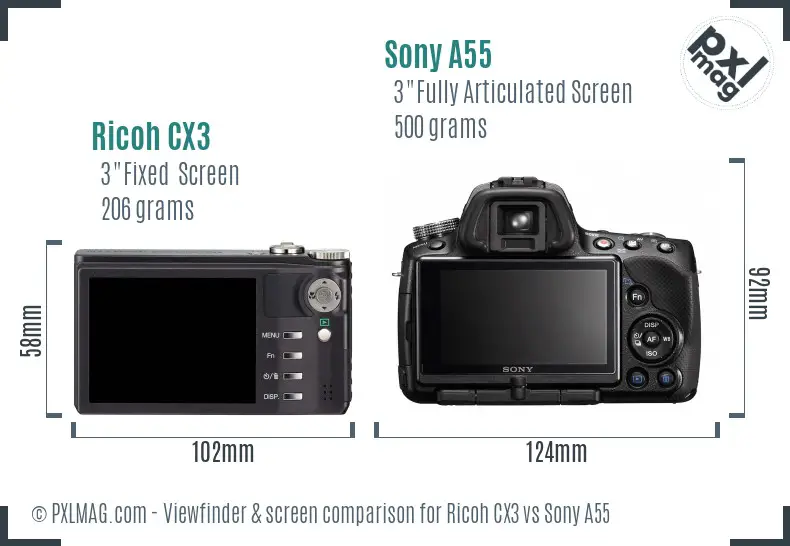 Ricoh CX3 vs Sony A55 Screen and Viewfinder comparison