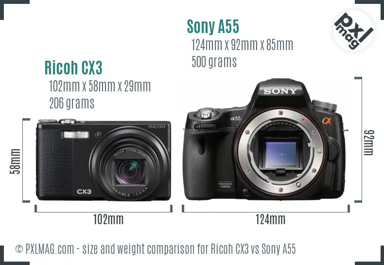 Ricoh CX3 vs Sony A55 size comparison