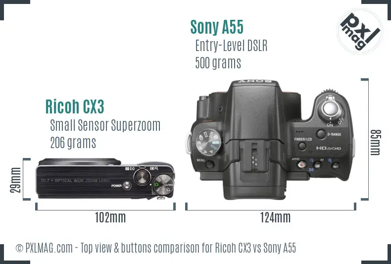 Ricoh CX3 vs Sony A55 top view buttons comparison