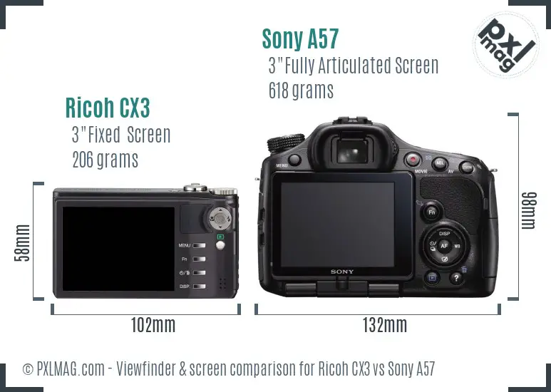 Ricoh CX3 vs Sony A57 Screen and Viewfinder comparison