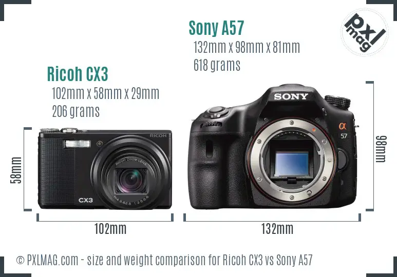Ricoh CX3 vs Sony A57 size comparison