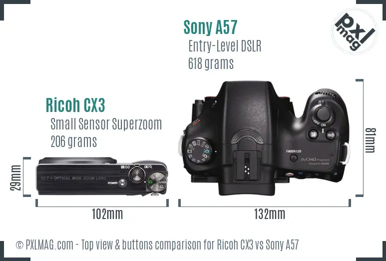 Ricoh CX3 vs Sony A57 top view buttons comparison