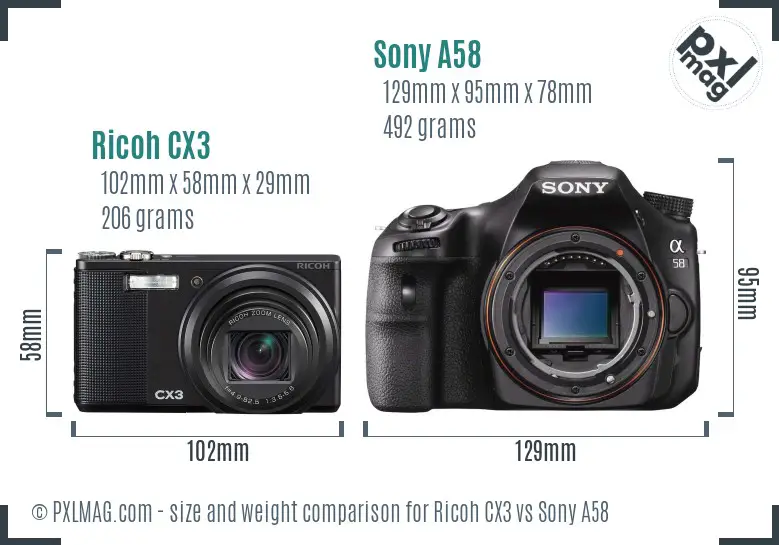 Ricoh CX3 vs Sony A58 size comparison