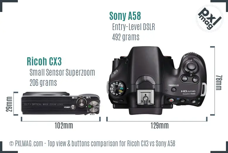 Ricoh CX3 vs Sony A58 top view buttons comparison