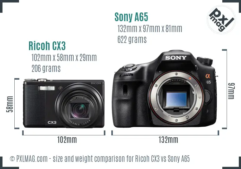 Ricoh CX3 vs Sony A65 size comparison