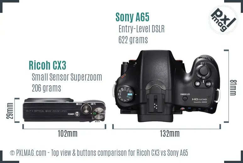 Ricoh CX3 vs Sony A65 top view buttons comparison