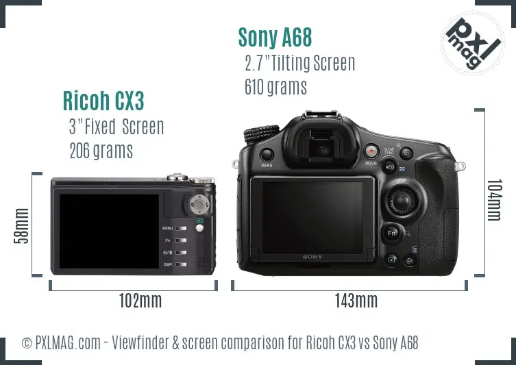 Ricoh CX3 vs Sony A68 Screen and Viewfinder comparison
