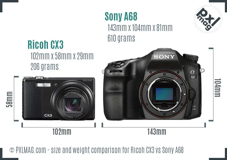 Ricoh CX3 vs Sony A68 size comparison