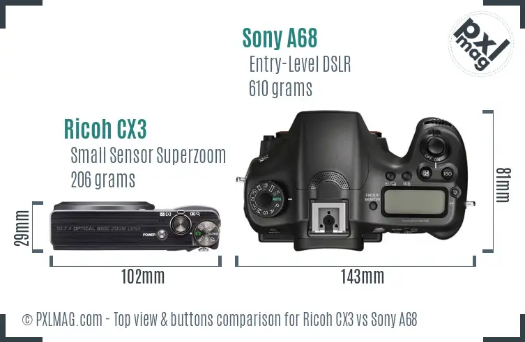 Ricoh CX3 vs Sony A68 top view buttons comparison