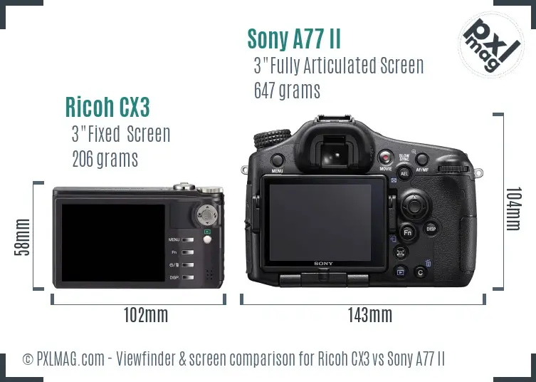 Ricoh CX3 vs Sony A77 II Screen and Viewfinder comparison