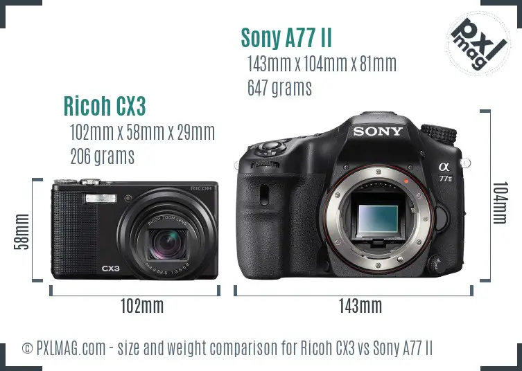 Ricoh CX3 vs Sony A77 II size comparison