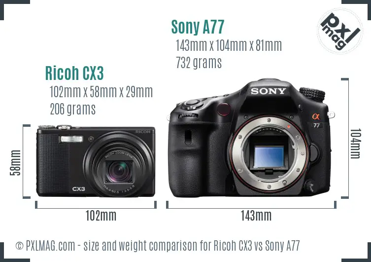 Ricoh CX3 vs Sony A77 size comparison