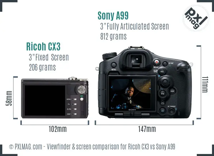 Ricoh CX3 vs Sony A99 Screen and Viewfinder comparison