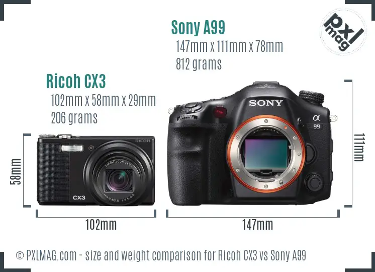 Ricoh CX3 vs Sony A99 size comparison