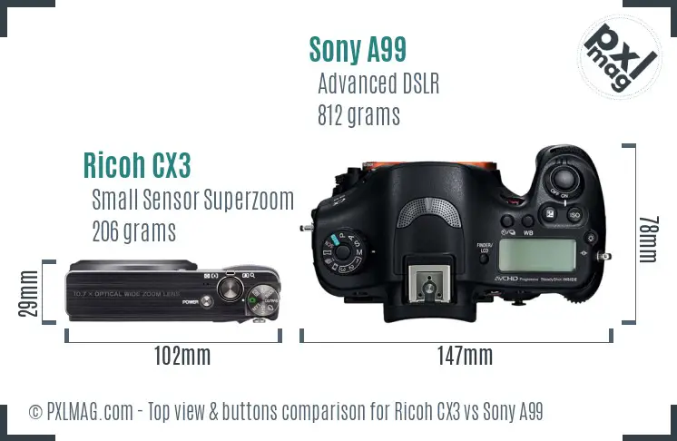 Ricoh CX3 vs Sony A99 top view buttons comparison