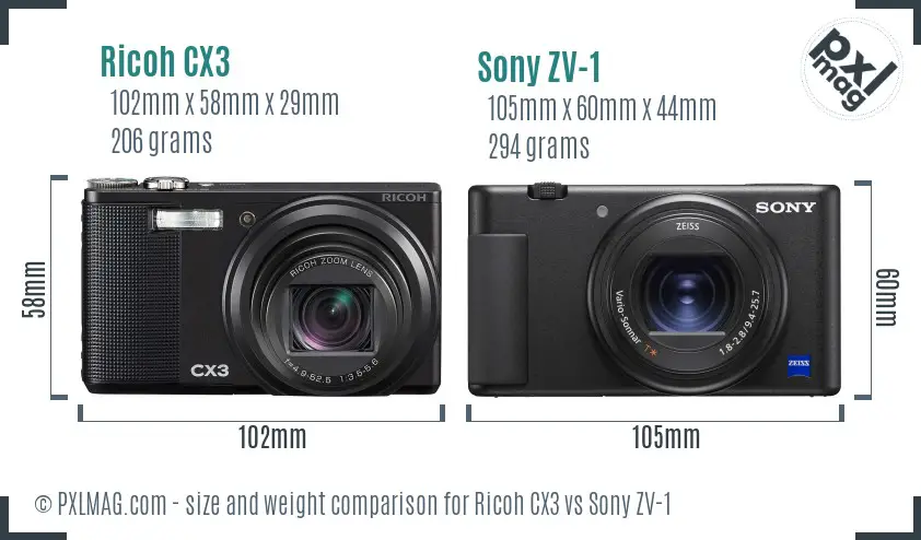 Ricoh CX3 vs Sony ZV-1 size comparison