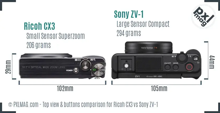 Ricoh CX3 vs Sony ZV-1 top view buttons comparison