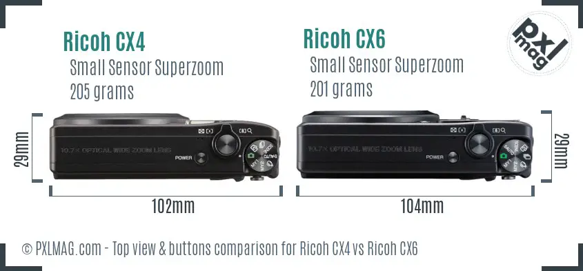 Ricoh CX4 vs Ricoh CX6 top view buttons comparison