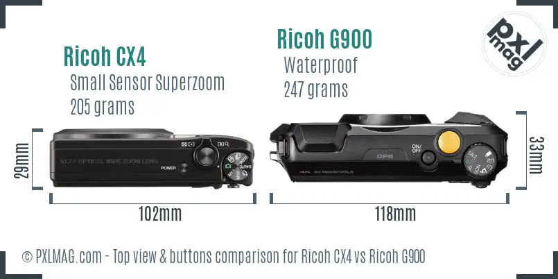 Ricoh CX4 vs Ricoh G900 top view buttons comparison