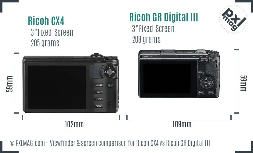 Ricoh CX4 vs Ricoh GR Digital III Screen and Viewfinder comparison