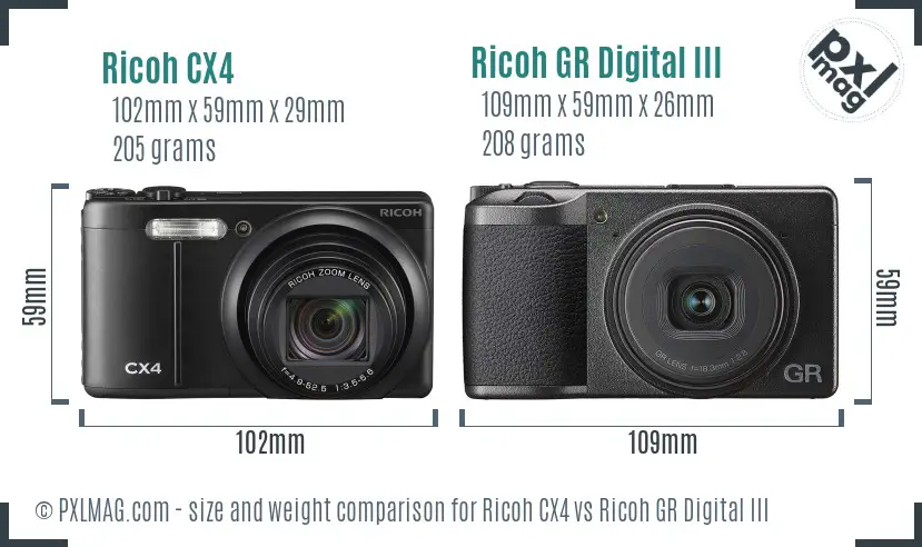 Ricoh CX4 vs Ricoh GR Digital III size comparison
