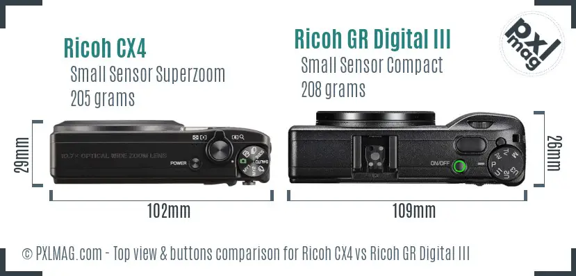 Ricoh CX4 vs Ricoh GR Digital III top view buttons comparison